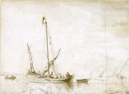 A Small Boat in a Calm Sea with Men Rigging its Sails - Velde I, Willem Van de 