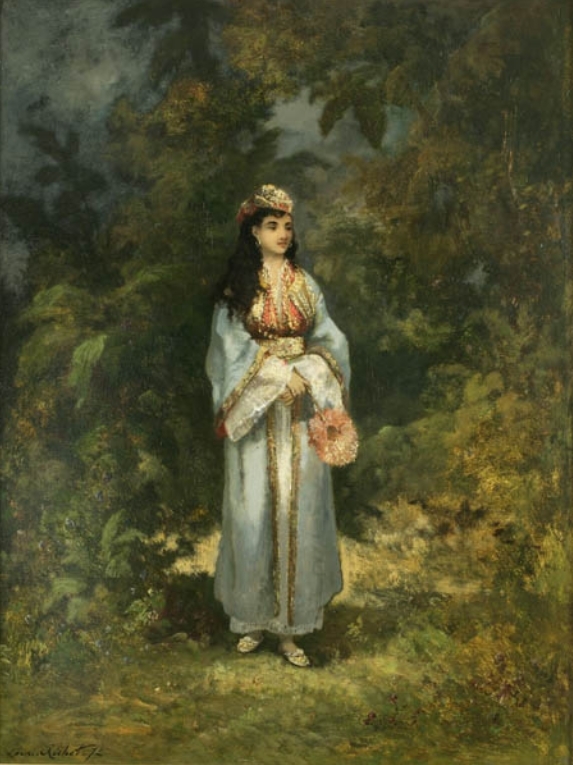 Bejeweled woman within a Barbizon Landscape - Richet, Léon 