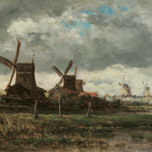 Landscape with Windmills and Two Fishermen - Roelofs, Willem 