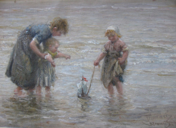 Mother and Children Playing in the Water - Blommers, Bernardus Johannes  