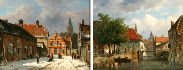 A Pair of Summer and Winter Town Scenes - Eversen, Adrianus 